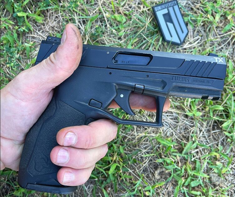 The  TX22 from Taurus grips like a full-size pistol, not a mouse gun. 