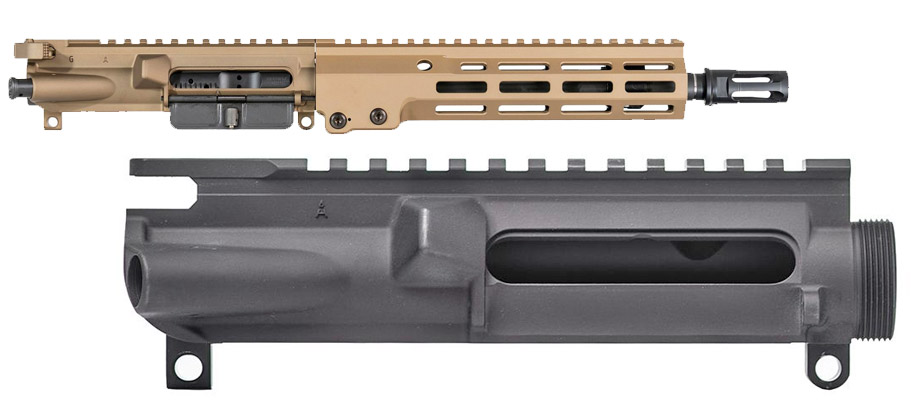 Above: a Geissele Super Duty complete upper receiver. Below: An Aero Precision stripped upper receiver. The former includes a barrel, BCG, muzzle device, dust cover, charging handle, and forward assist. Hence the word complete. More and more complete upper receivers are now sold without sights attached because that is often the first thing people want to change on a pre- (or mostly pre-) built weapon. 