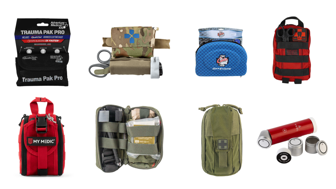 line up of the first aid kits discussed in the article. 